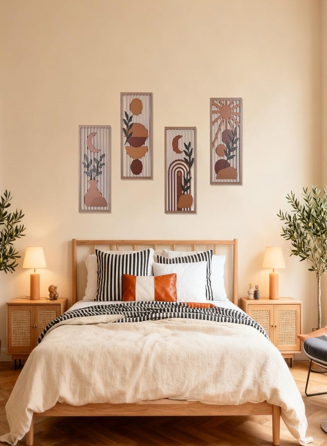 suruim Orange Boho Wall Art Set of 4, Abstract Geometric Wooden Terracotta Wall Decor, Mid-Century Modern Aesthetic Artwork with Arch, Vase & Botanical Design for Modern Home Decor for Bedroom, Office & Living Room(B) - Image 4